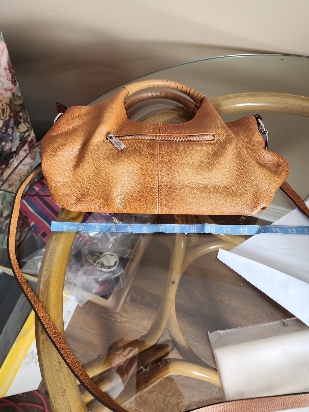 Structured Tan Leather Shoulder Bag with Wrapped Top Handle - Picture 3 of 15
